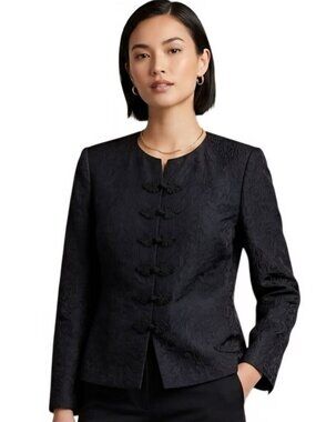 Talbots Vintage Black Silk Jaquard Knot Button Collarless Lady Jacket Size 6p